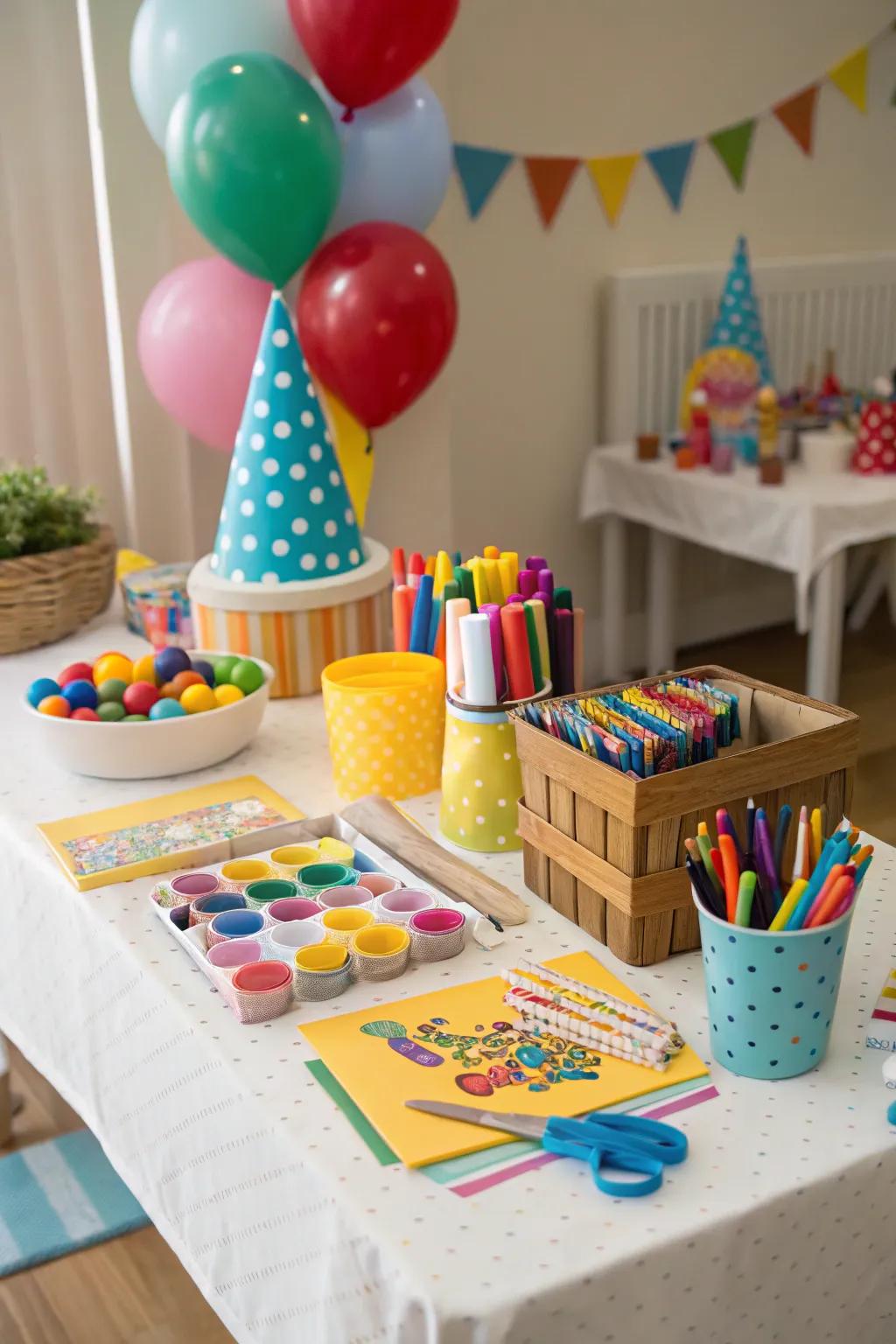 A craft station offers creative fun for kids at your child's birthday celebration.