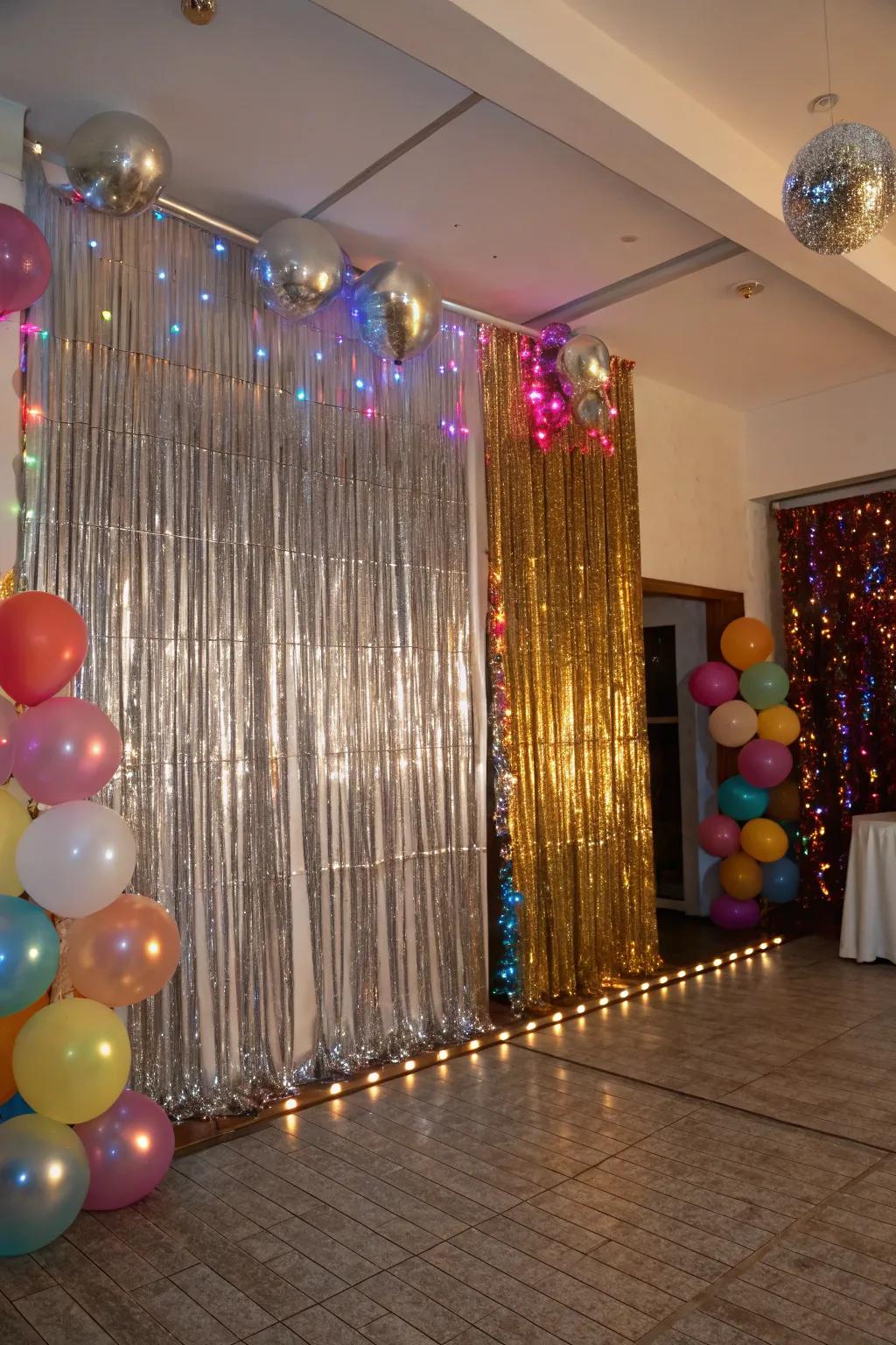 A glittering strip curtain effect introduces a festive mood.