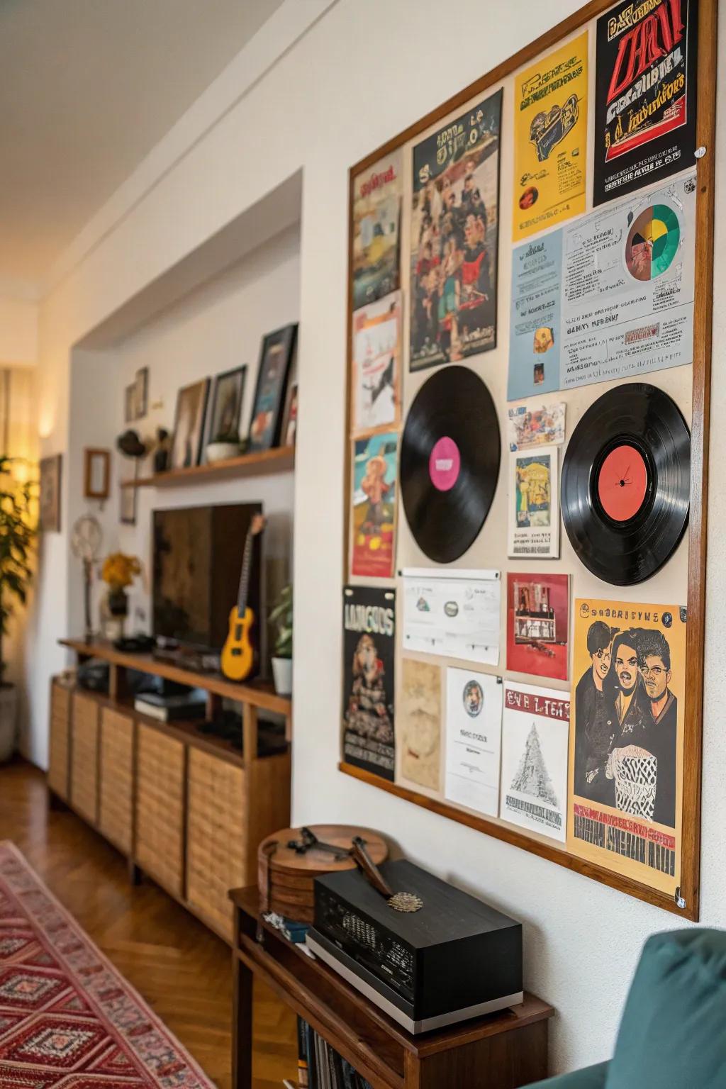 A music-themed bulletin board with 80s sheet music and record covers.