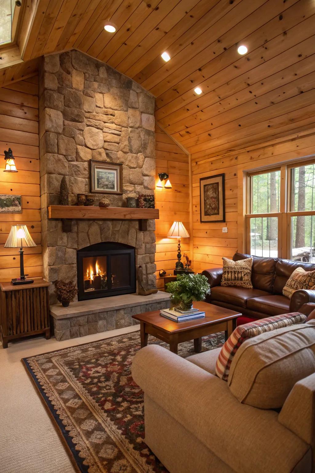 Rustic wood panels enhance warmth and appeal.