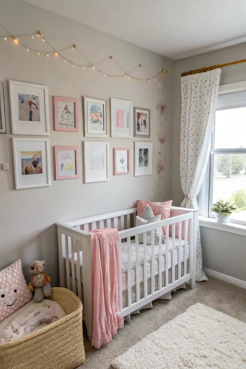 Integrate the picture wall into the nursery layout for a cohesive look.