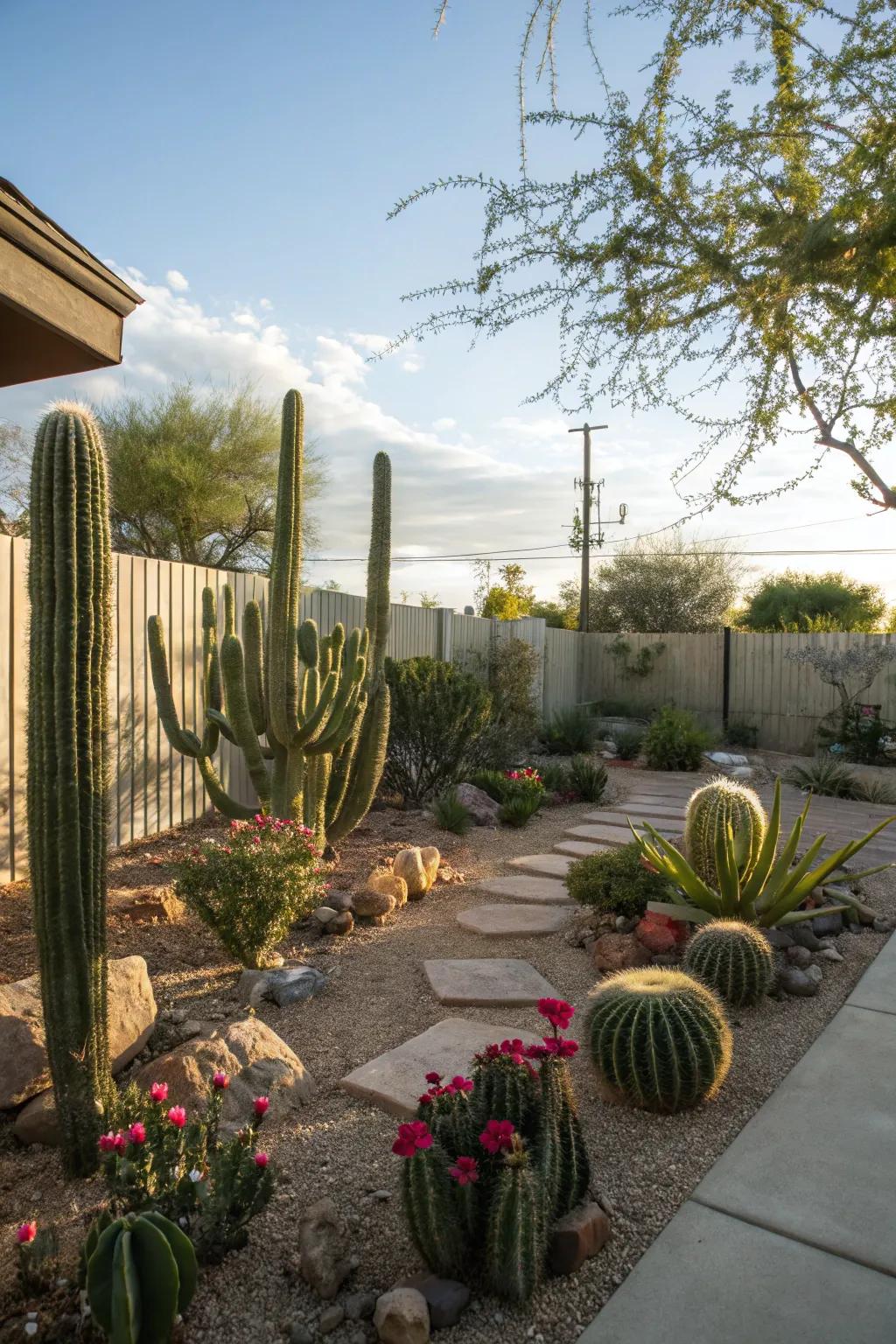 A naturally integrated cactus garden basking in sunlight.