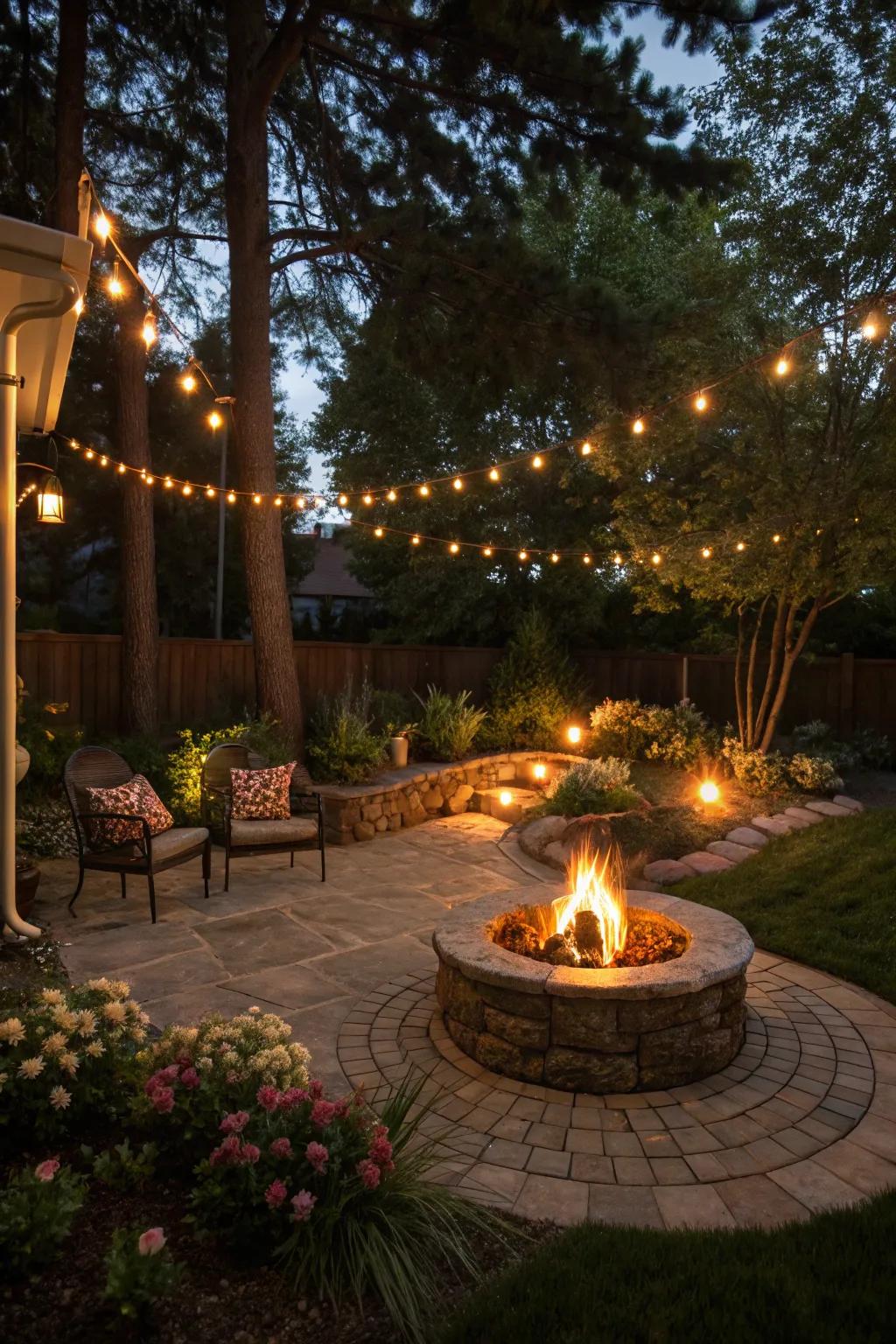 Illumination surrounding a fire pit renders it the comfortable epicenter of any celebration.