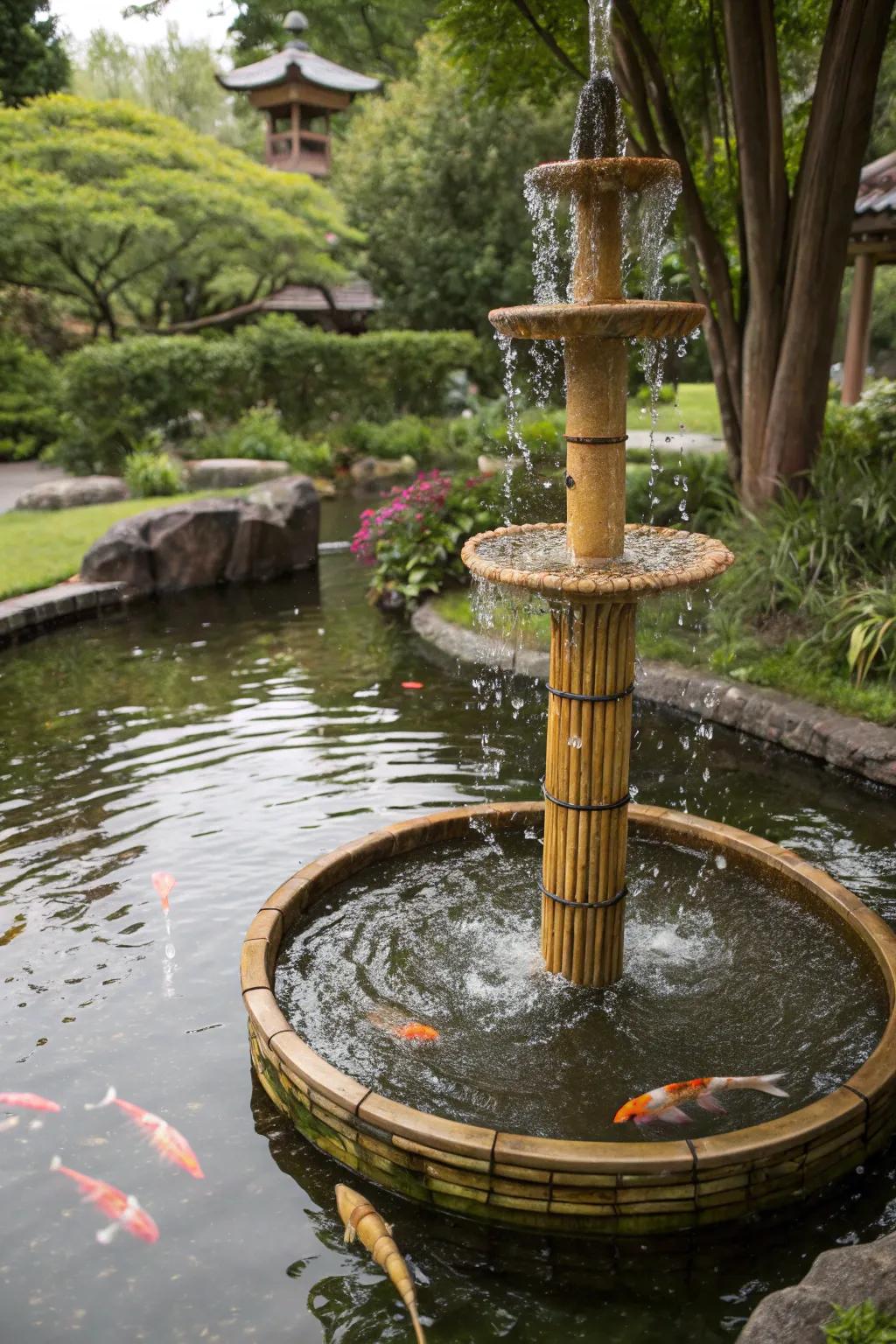 A whimsical floating bamboo fountain on a pond.