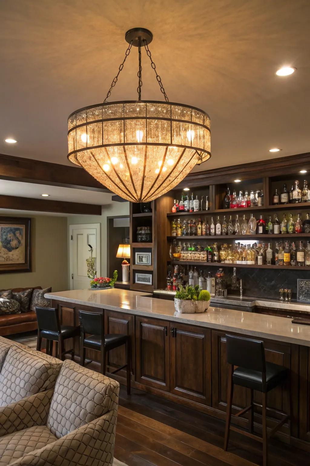 An elegant chandelier serves as a stunning focal point in the bar.