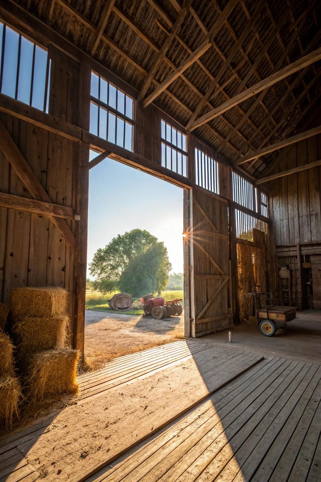 Large barn doorways invite natural light and create a welcoming atmosphere.