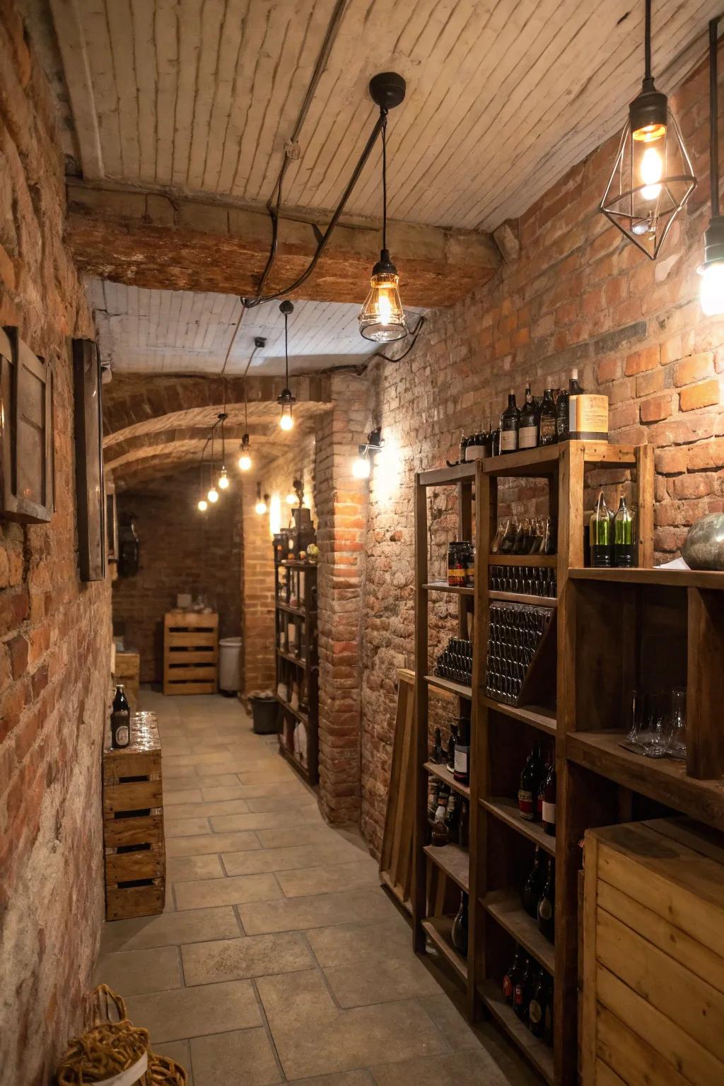 Industrial charm meets rustic warmth in this basement.