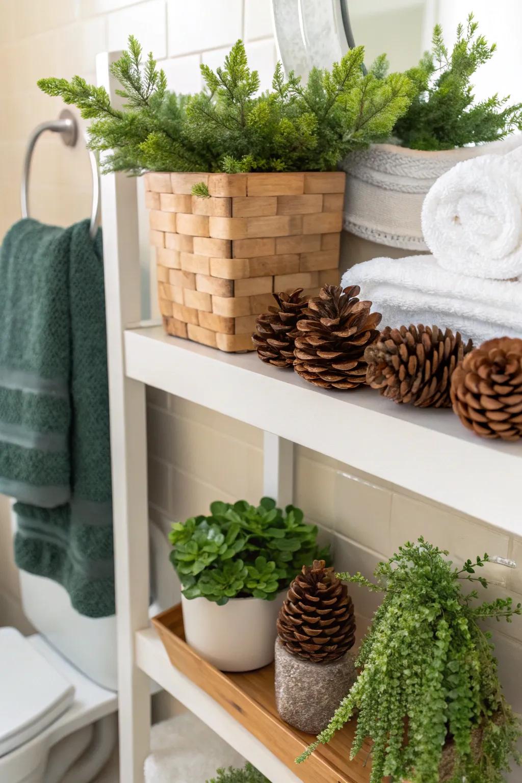 Natural elements like greenery and pinecones bring an organic touch to this bathroom.