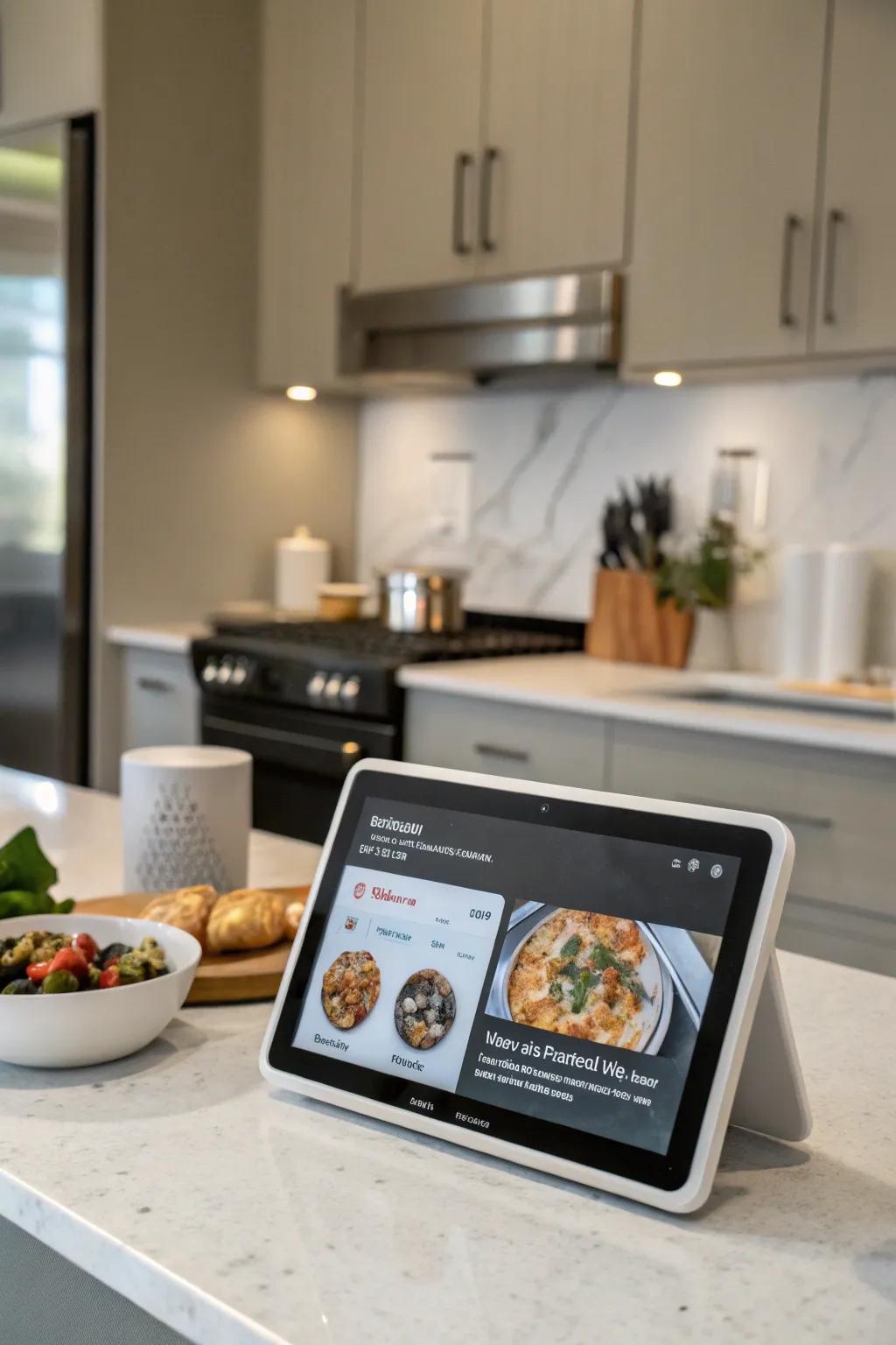 A smart display serves as a versatile kitchen assistant, providing recipes and controlling home devices.