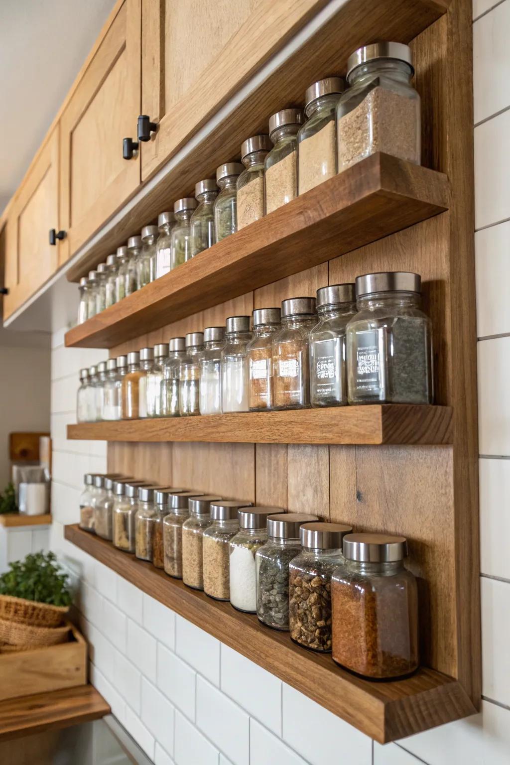 Wall-mounted shelves turn spices into decor.