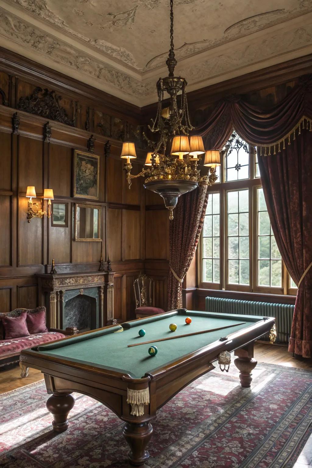 Vintage decor transports your billiard hall to a classic era.