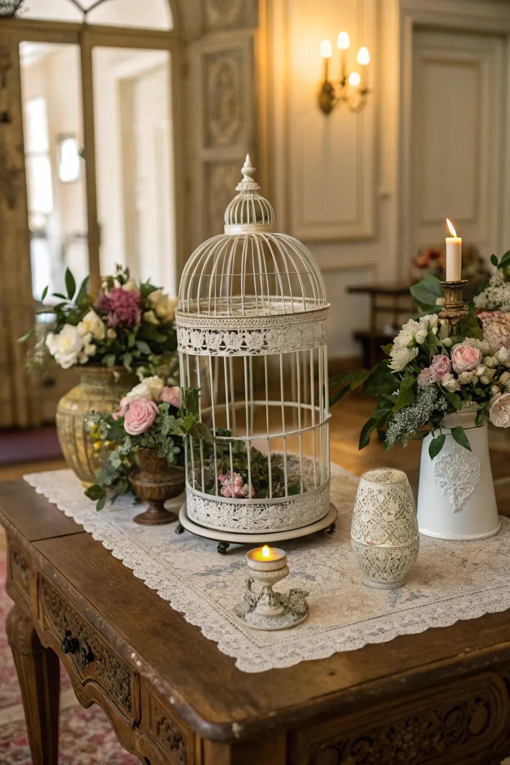 A bird cage elevated on a repurposed table for added impact.