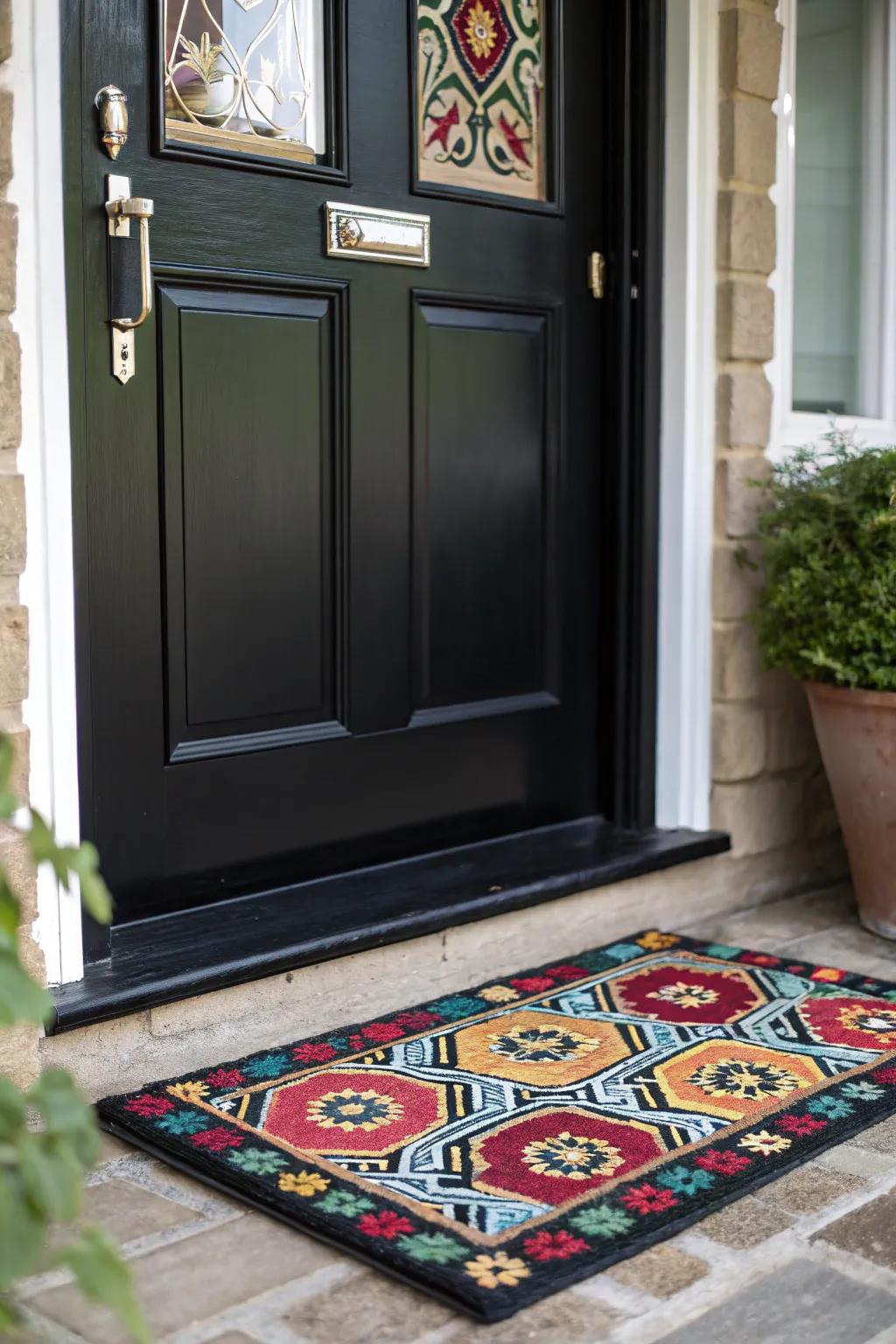 A cheerful doormat making a black front door even more inviting.