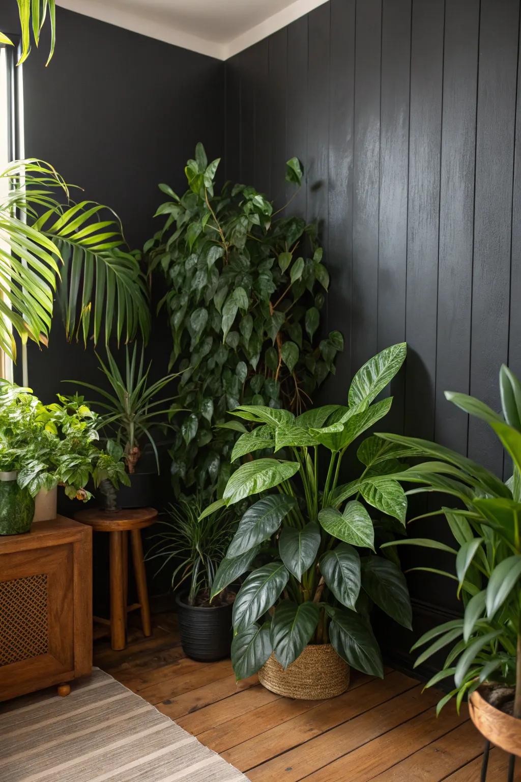 Houseplants adding color to a black wall.