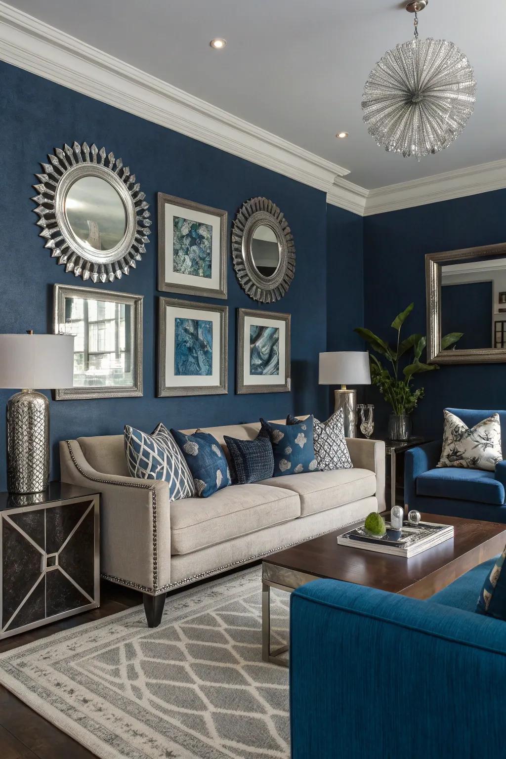A prominent deep blue backdrop matched with silver mirrors crafts dimension and drama.