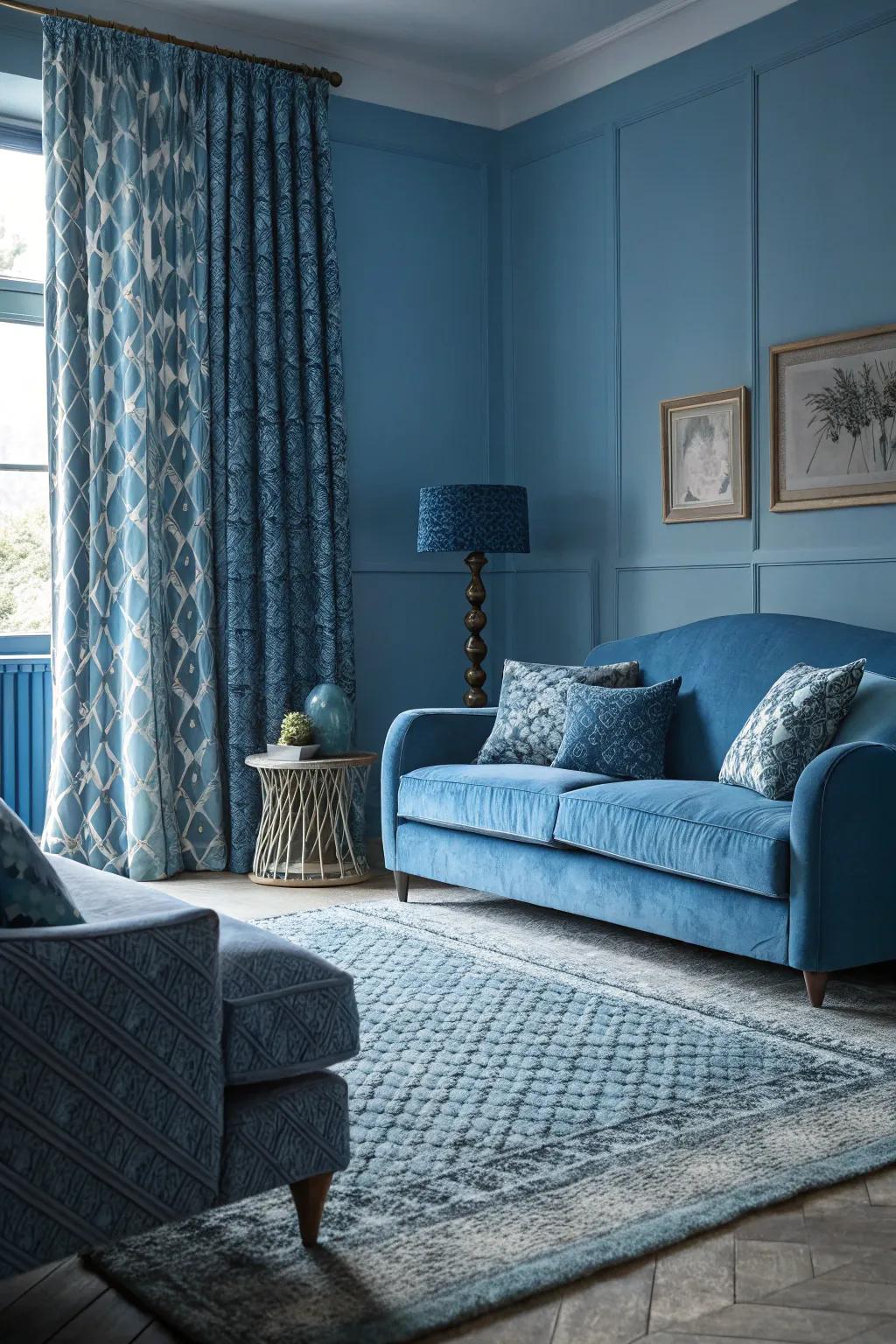 A monochromatic blue scheme creates a tranquil and unified living space.