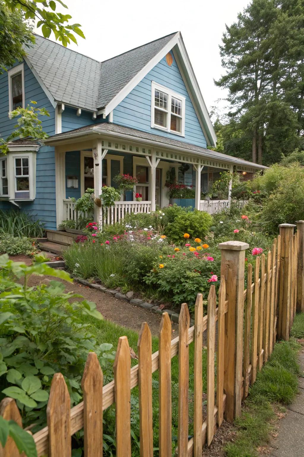 A wooden fence adds rustic charm and structure.