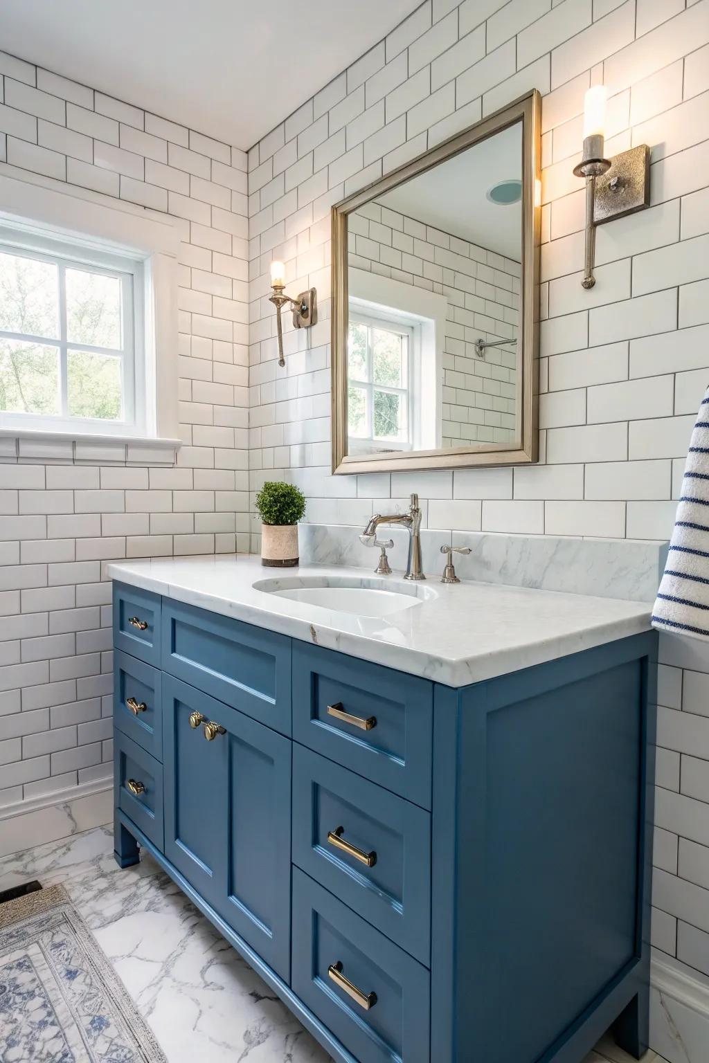 Contrasting elements emphasize the beauty of a blue vanity.