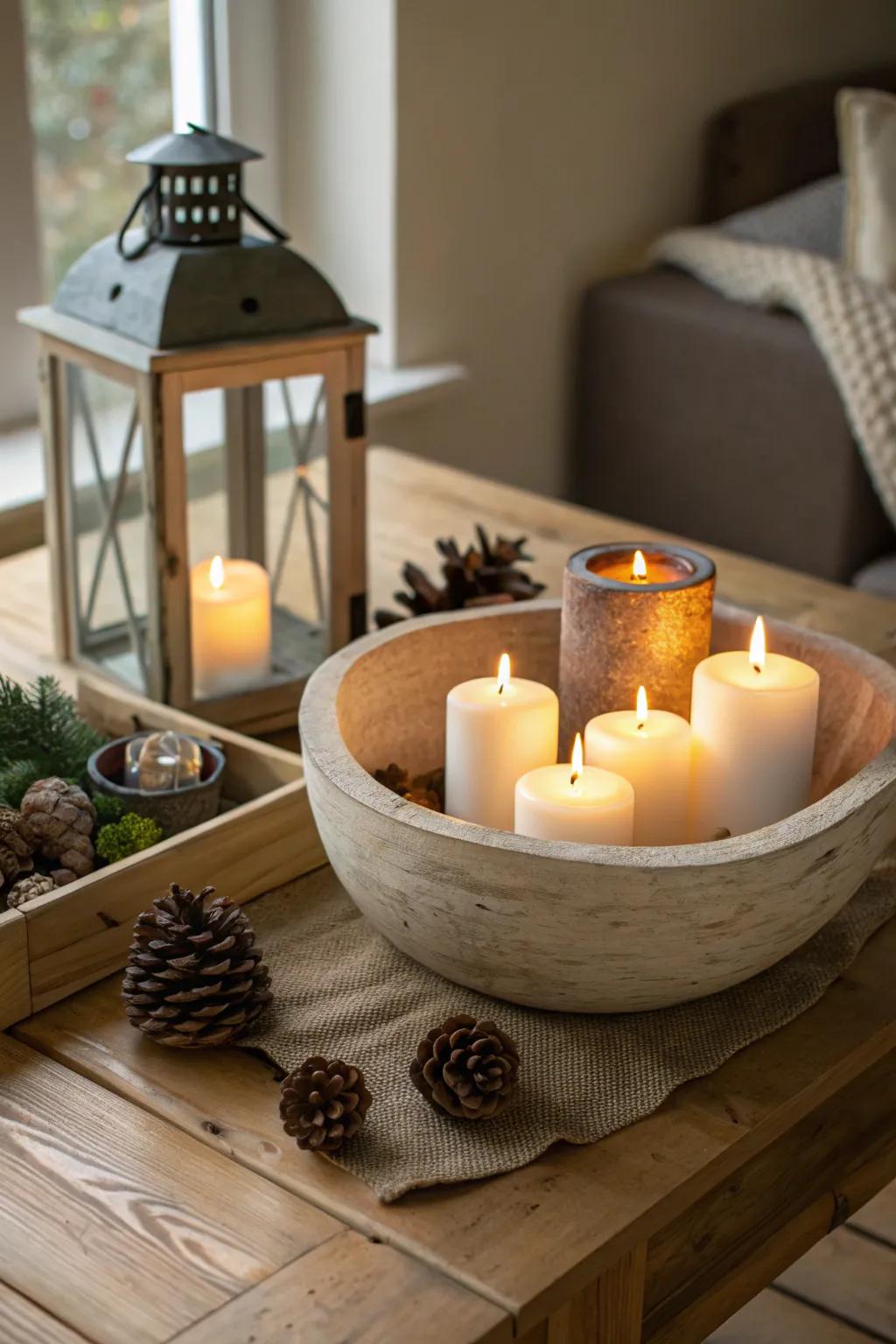 Create a cozy atmosphere with candles and lanterns