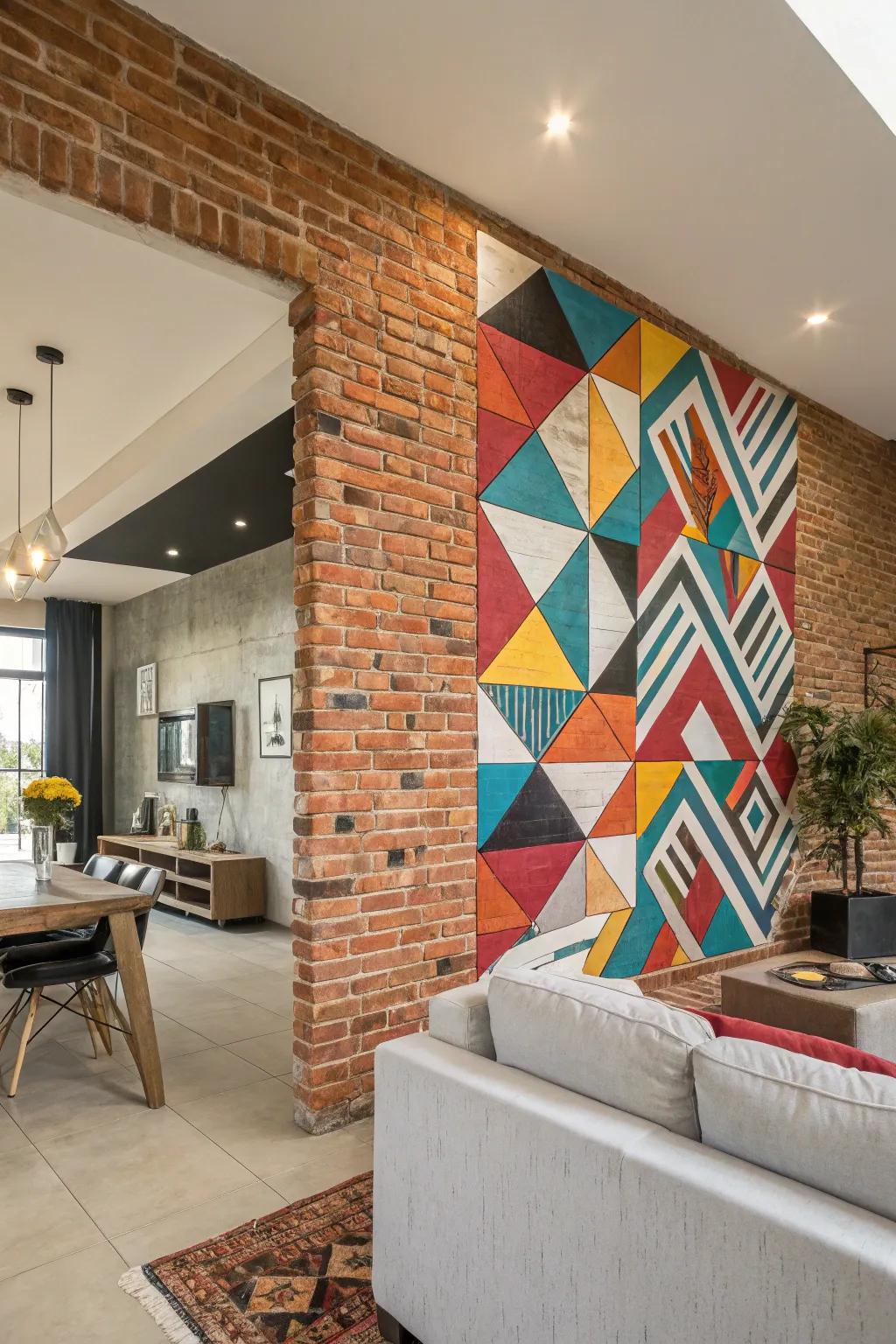 Geometric patterns create a modern vibe on a brick wall.