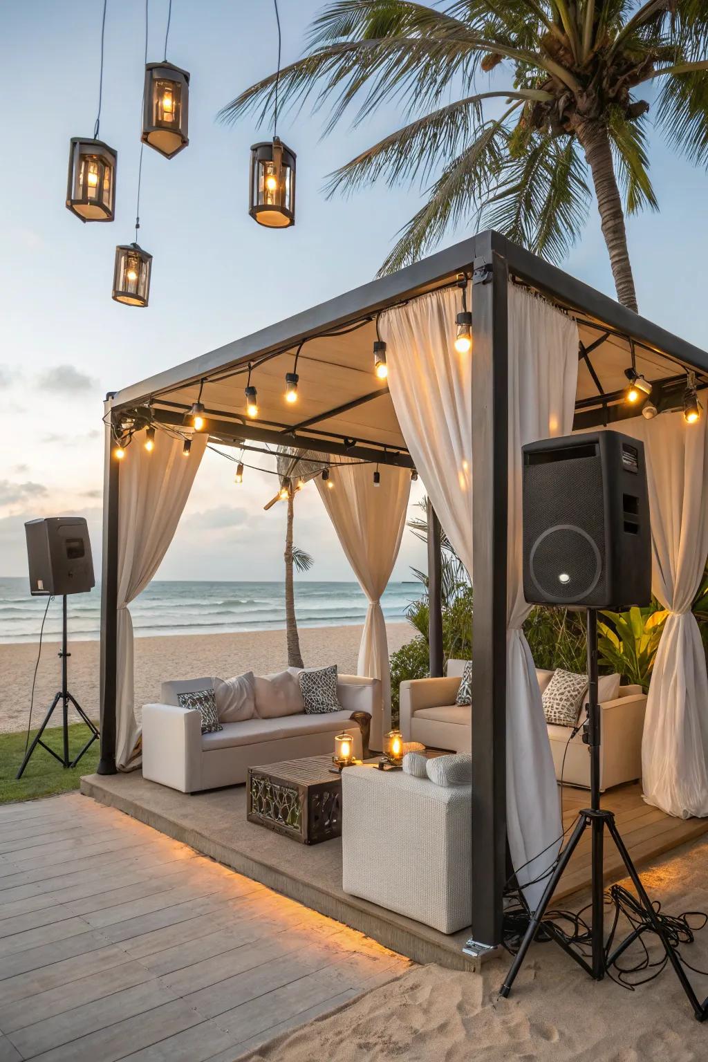 A modern cabana furnished with smart technology for added convenience.