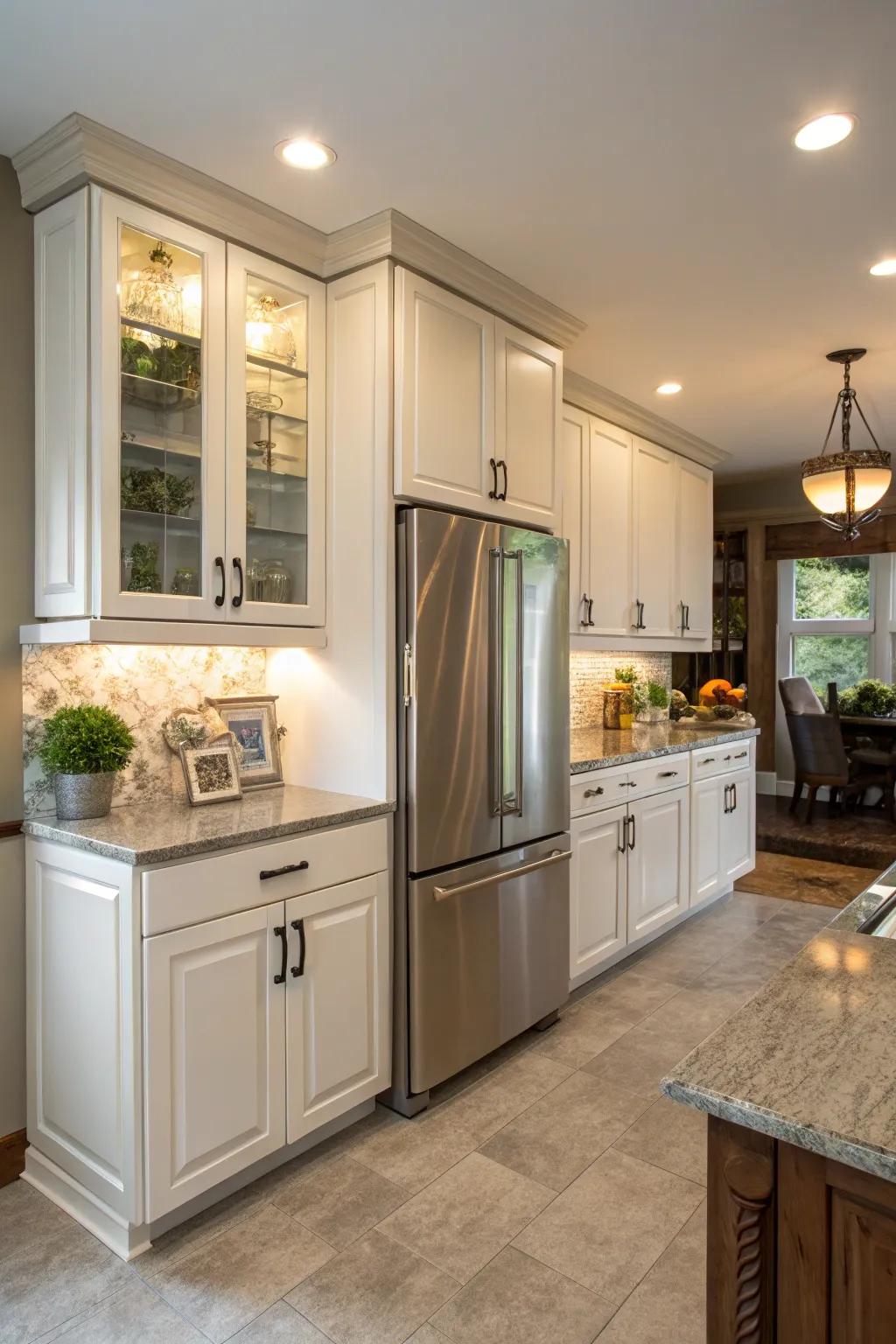 Custom cabinets above the fridge offer a tailored and cohesive look.