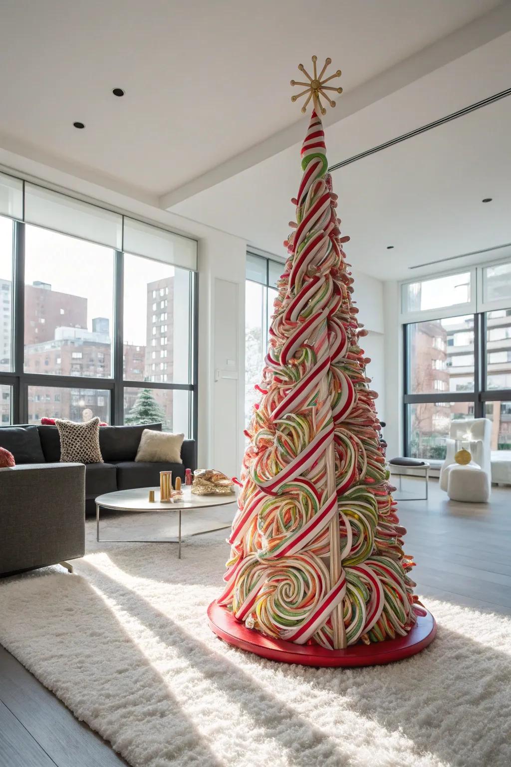 An innovative peppermint stick tree form for a surprising holiday display.
