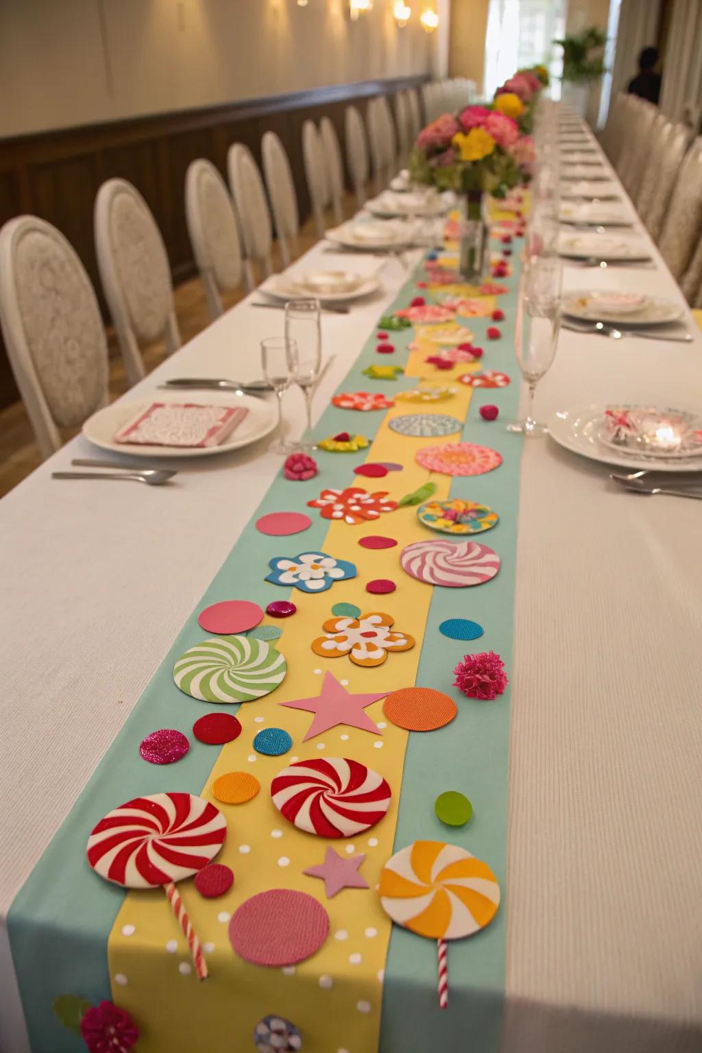 A candy-themed table runner transforms the table setting.