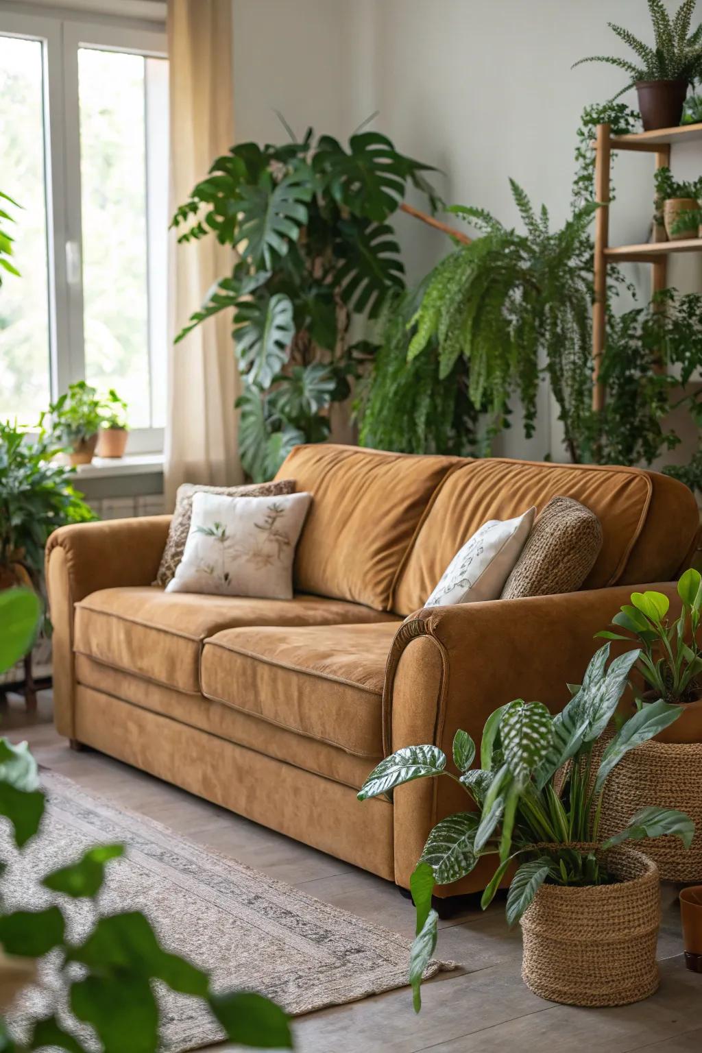 Greenery adds vibrancy to a caramel couch living room.