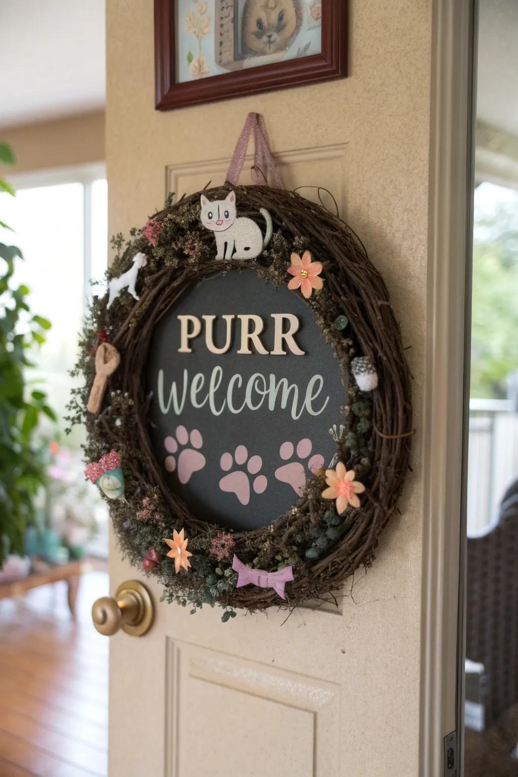 A personalized word art cat wreath for warm welcomes.