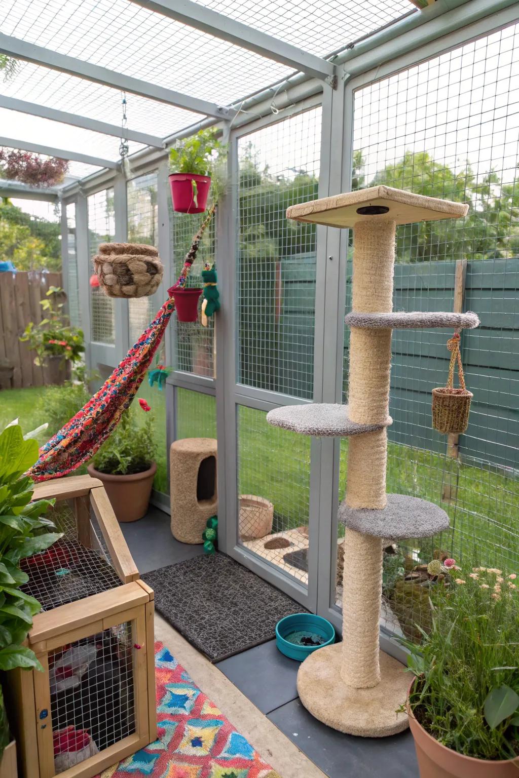 Sensory zones in a catio that engage a cat’s senses with textures and scents.