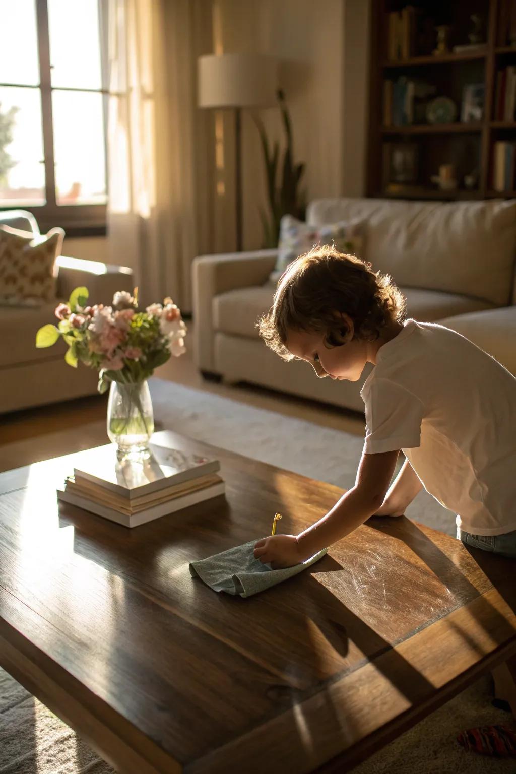 A child dusting a coffee table, contributing to a tidy home.