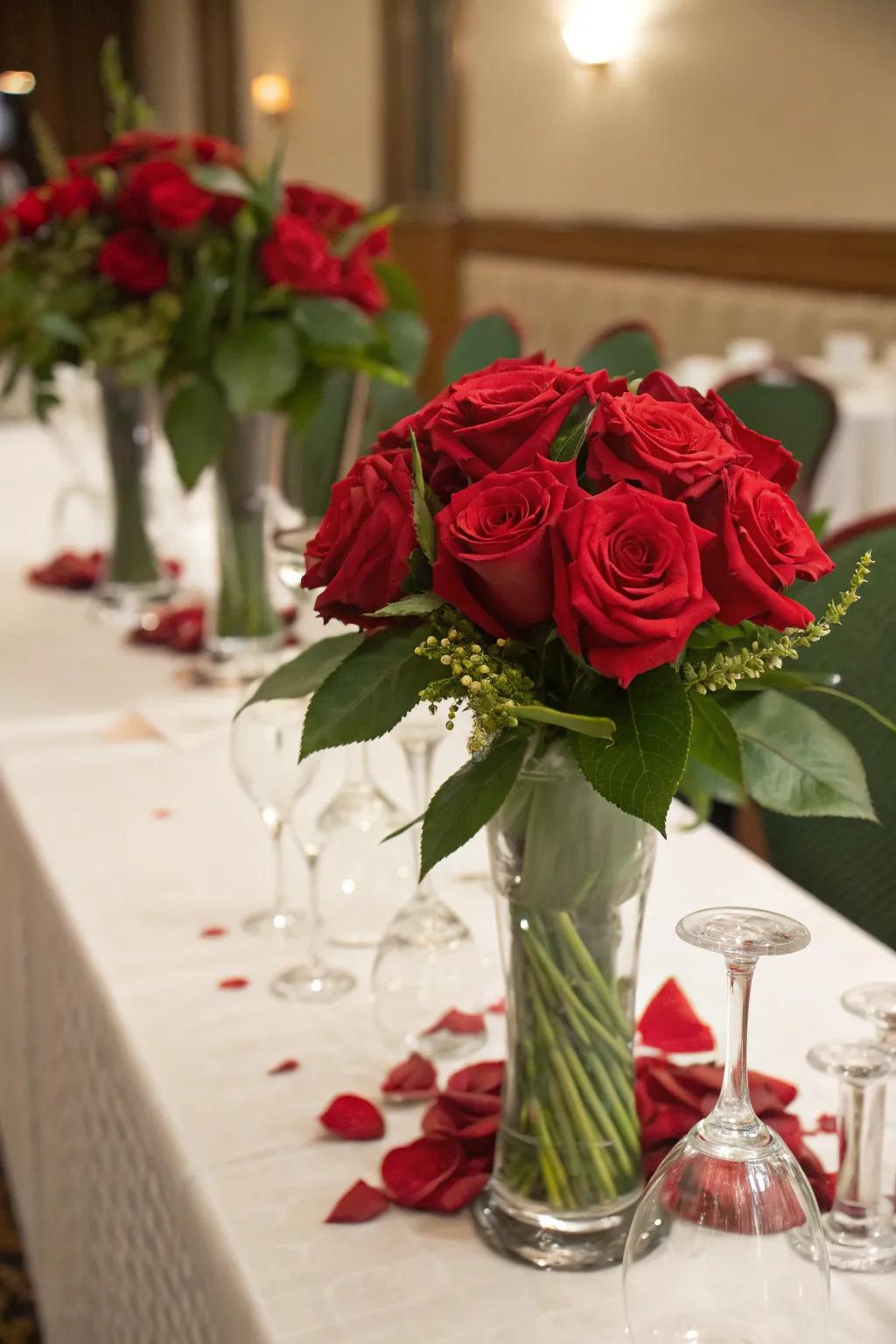 Red rose centerpieces adding elegance and fragrance to the setting.