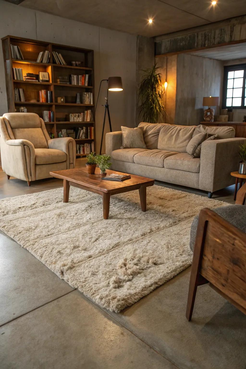 Plush rugs add warmth and texture to sleek concrete floors.