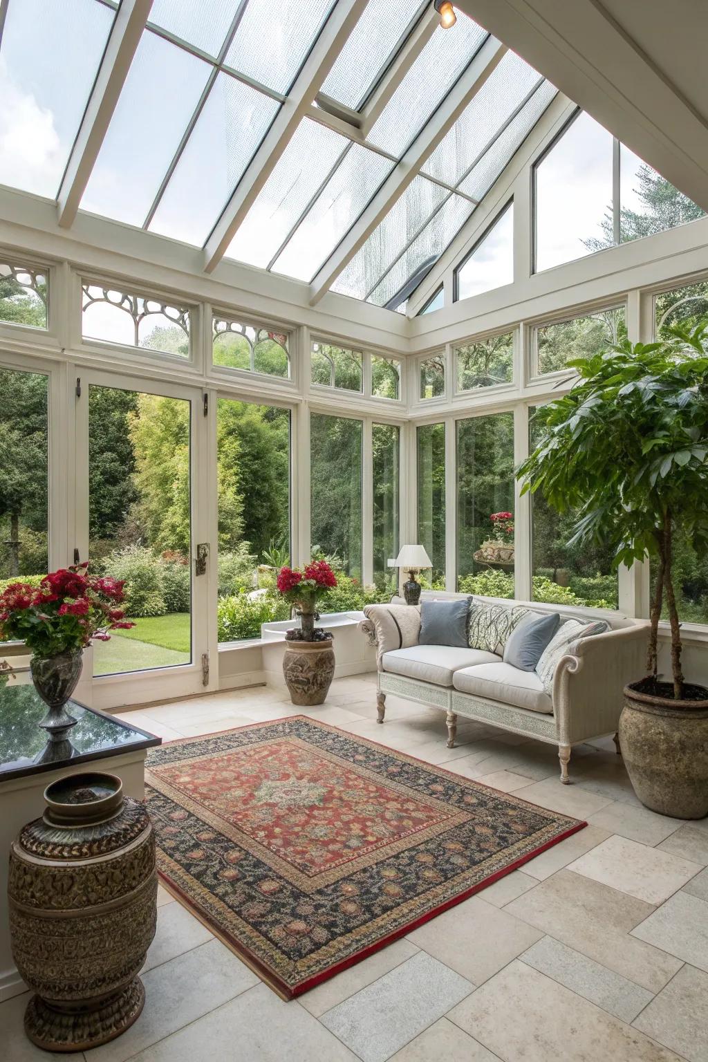 A conservatory showcasing a harmonious mix of modern and traditional styles.