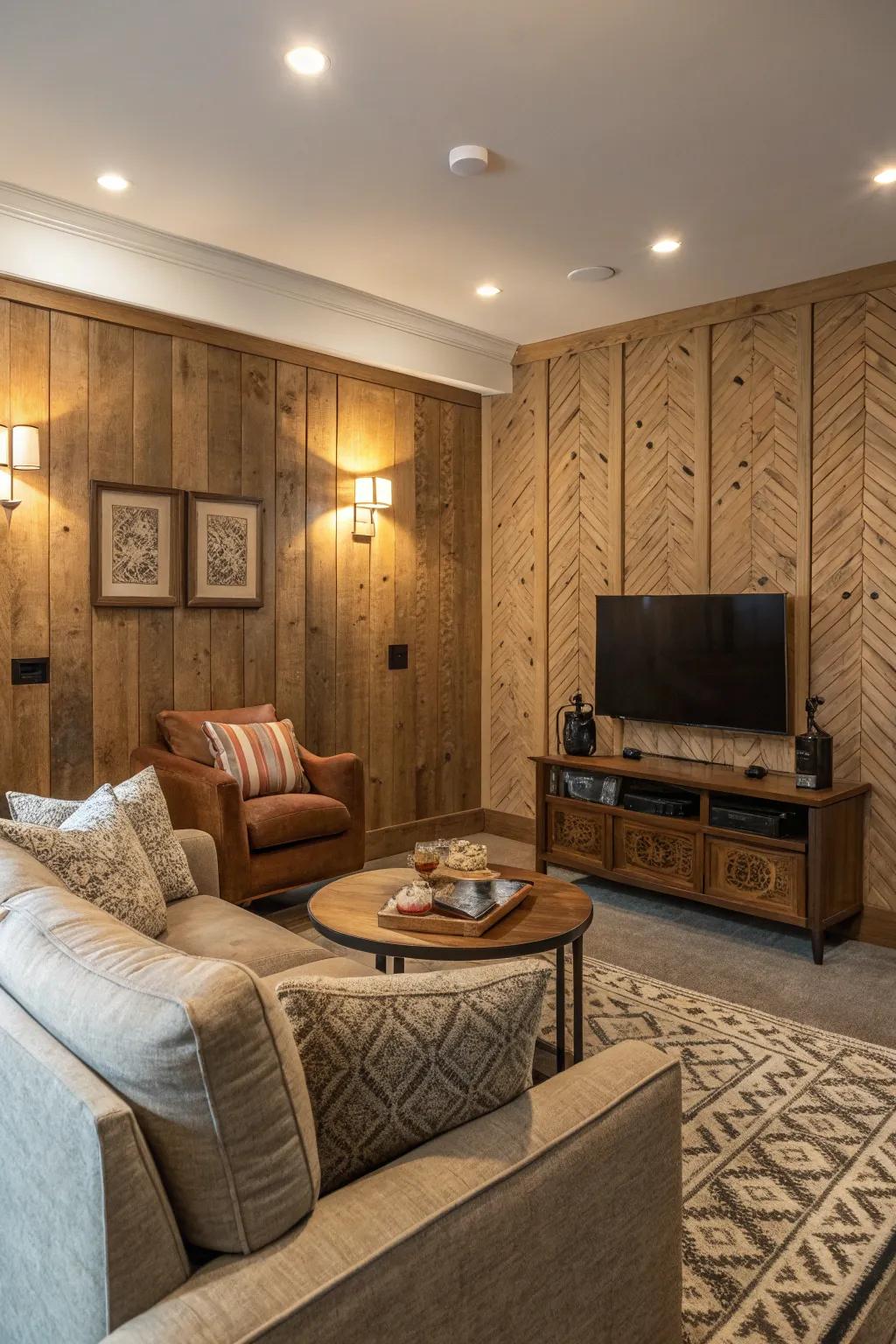 A textured wood wall adding depth and warmth