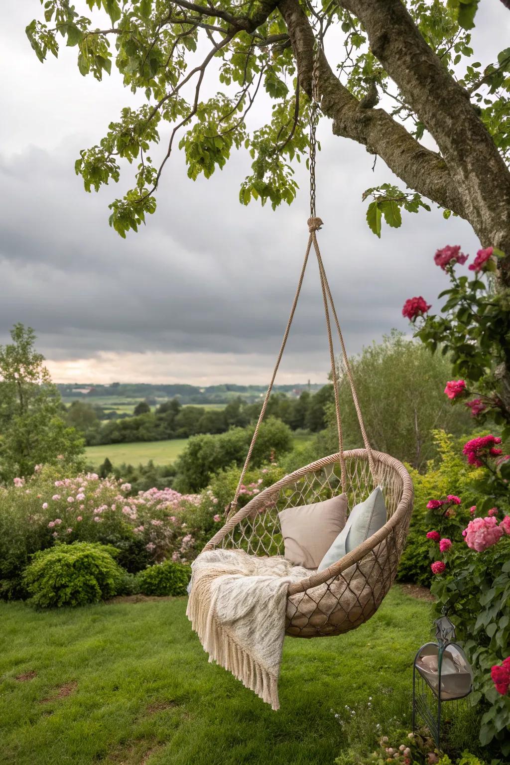 Hanging chairs offer a unique and relaxing seating option.