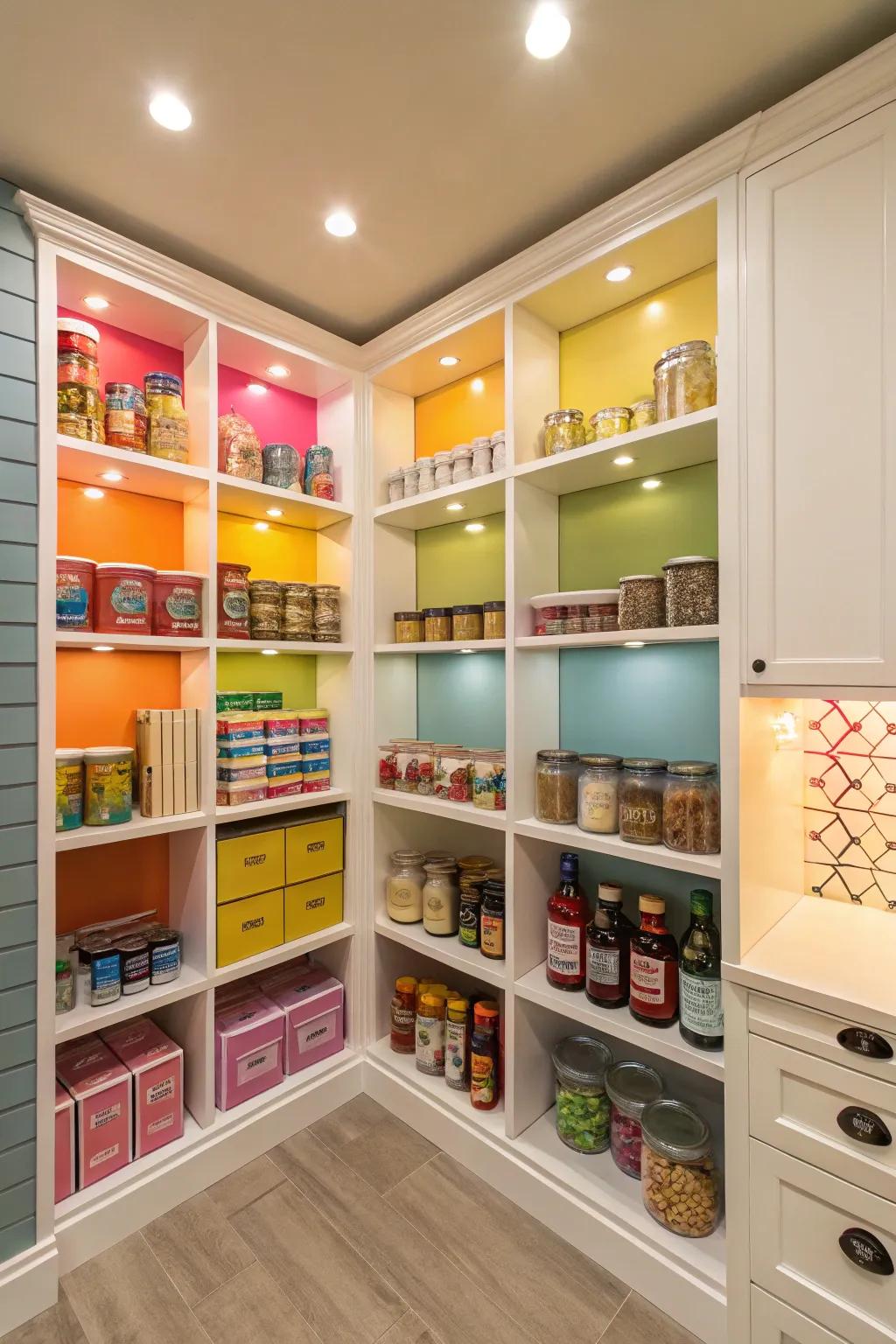 A vibrant corner pantry with decorative elements.