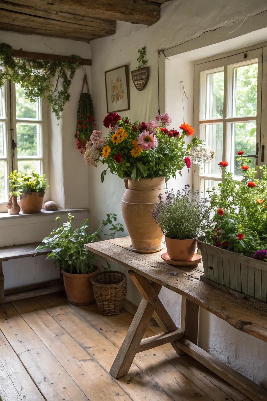An inviting interior enhanced with natural elements like blossoms and plants.