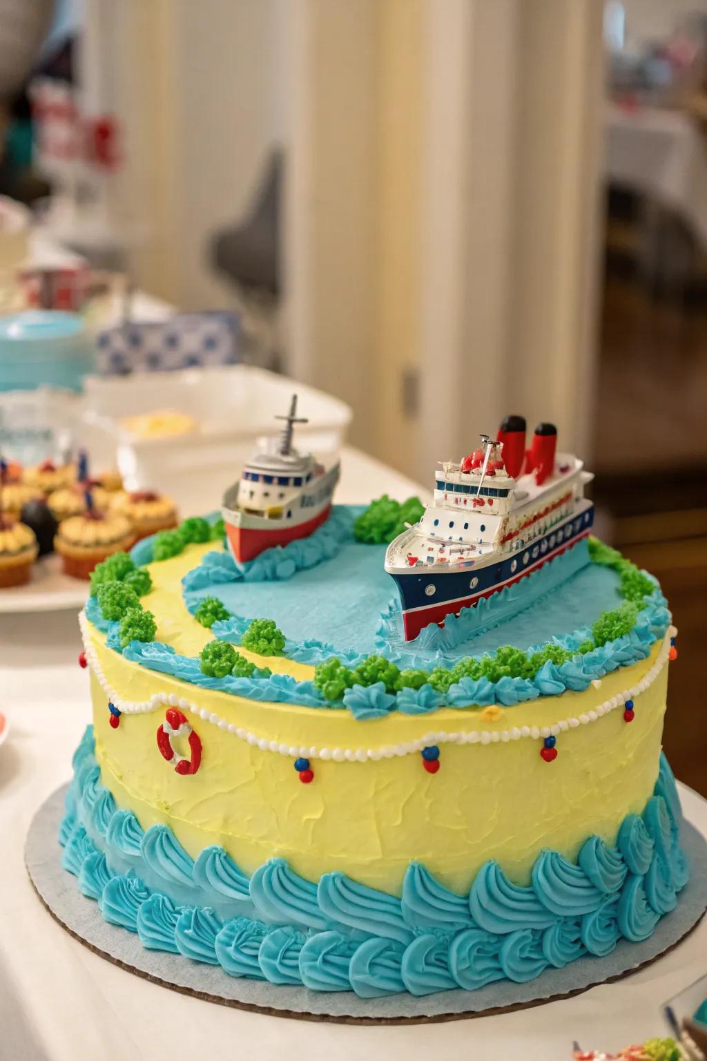 Miniature cruise ships add a whimsical touch to this cake.