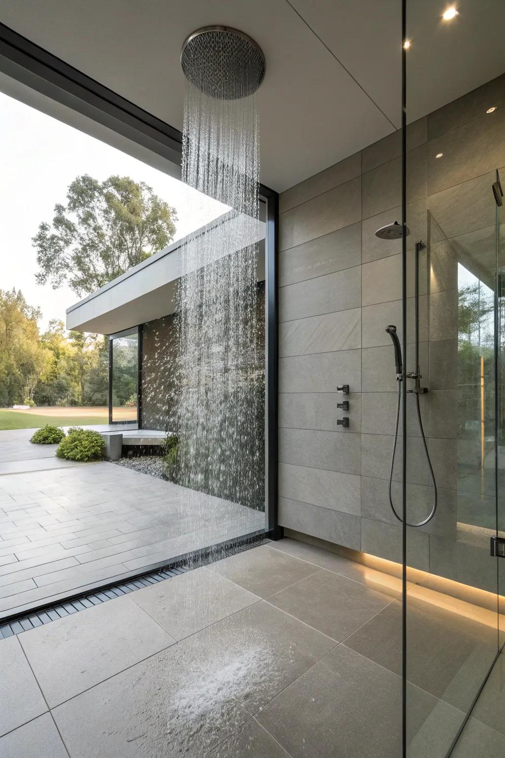 The rain showerhead elevates the bathing experience in this curbless shower.