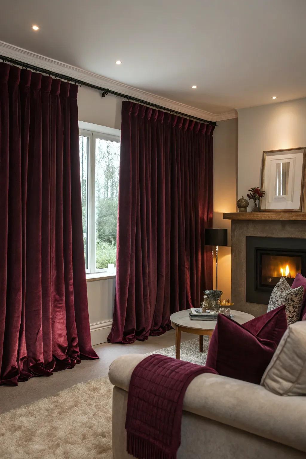 Velvet curtains offer warmth and luxury.