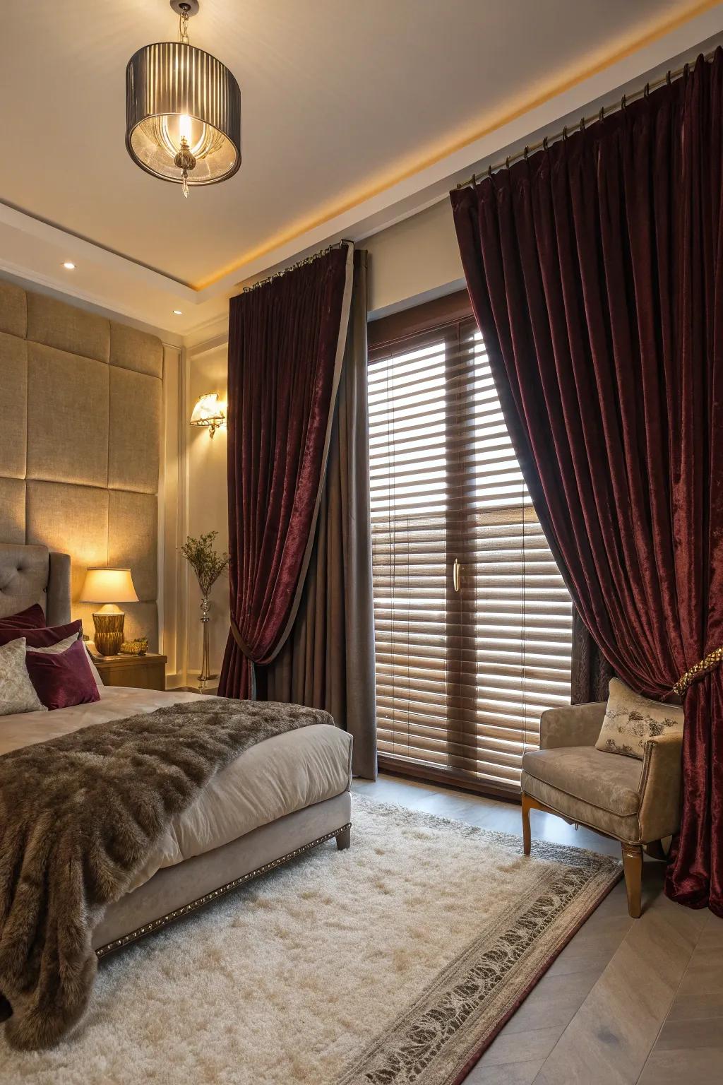 Plush window coverings infuse opulence and coziness atop blinds.