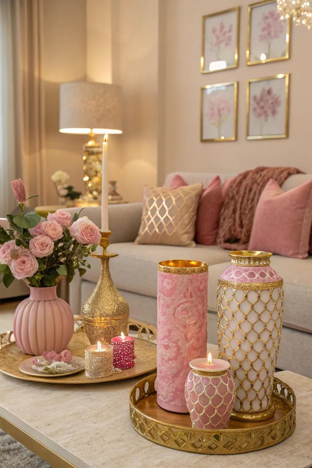 Rose and gold details contribute a hint of glamour to the lounge.