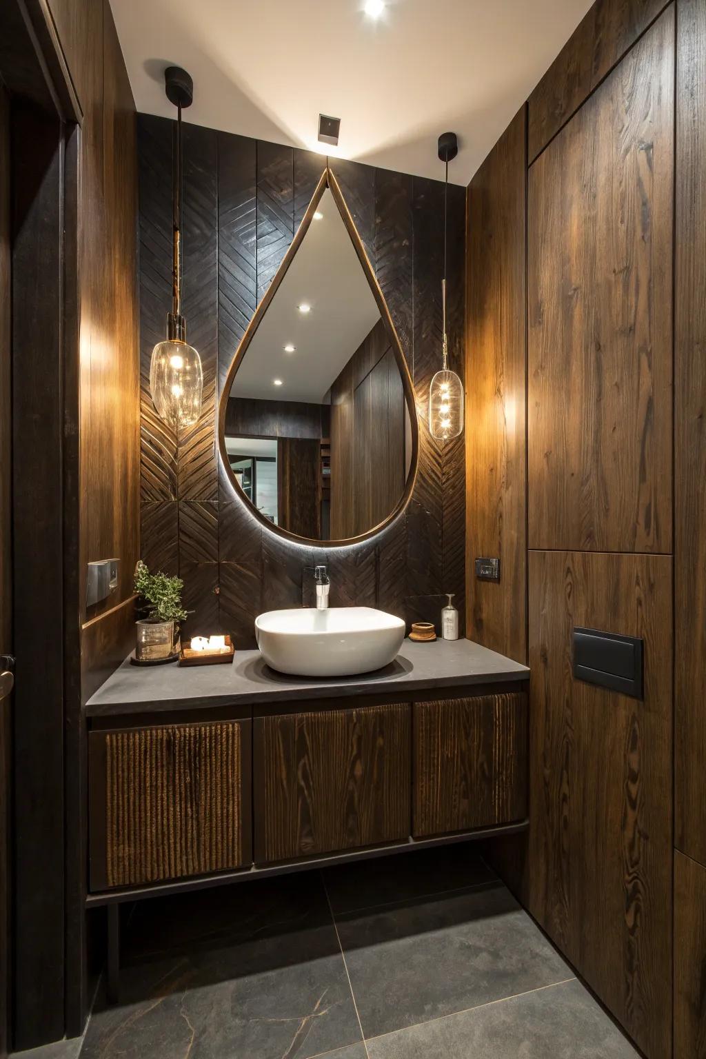 A uniquely shaped mirror enhances the modern appeal of dark wood.