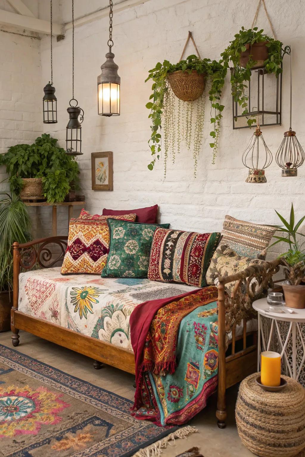 A bohemian-inspired daybed setup with vibrant patterns and textures.