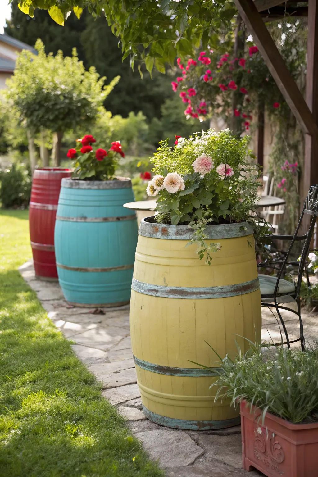 Elegantly upcycled painted barrels