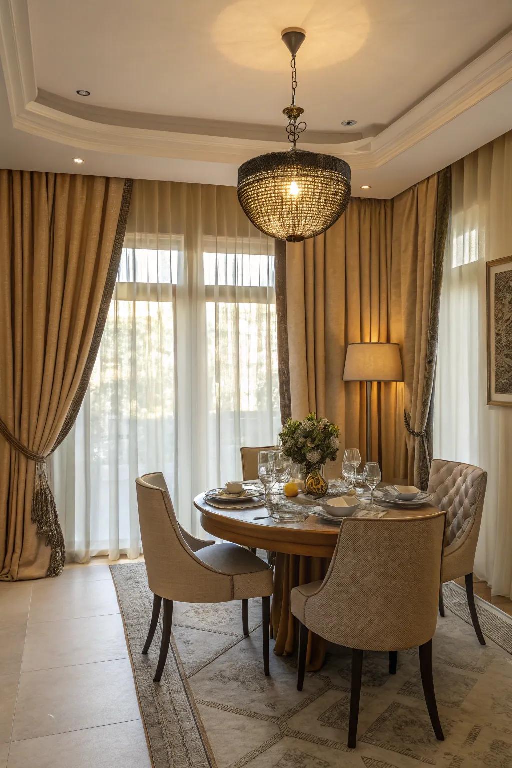 Harmonious curtain and furniture coordination in a dining room.