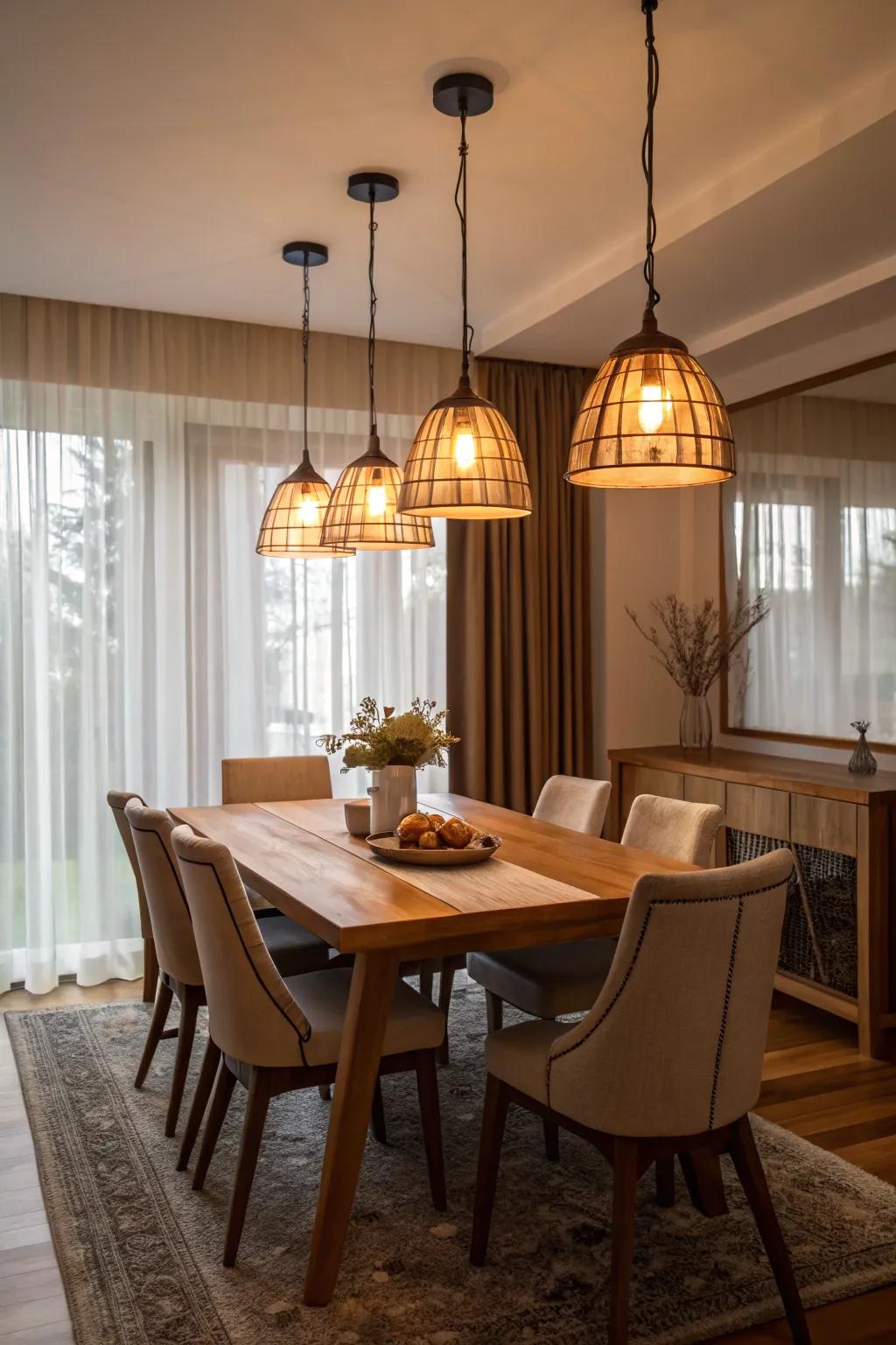 Ambient lighting with pendant lights sets a cozy dining mood.