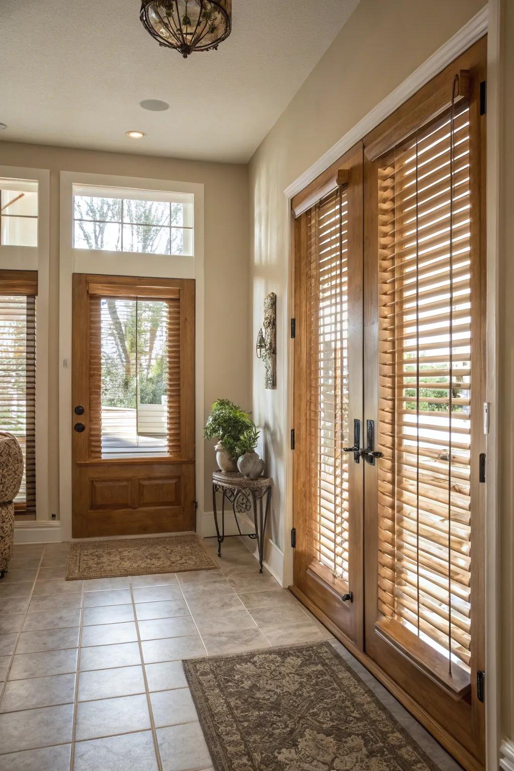 Wooden blinds offer natural warmth and privacy for door windows.